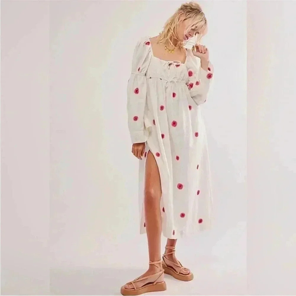 NEW Free People Emory Embroidered Cotton-Linen Blend Midi Dress Ivory NWOT Sz S